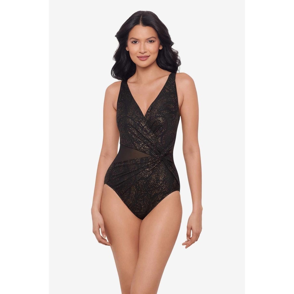 Miraclesuit Circe One Piece Swimsuit Brillante Black Gold Slimming Mesh NWT 14